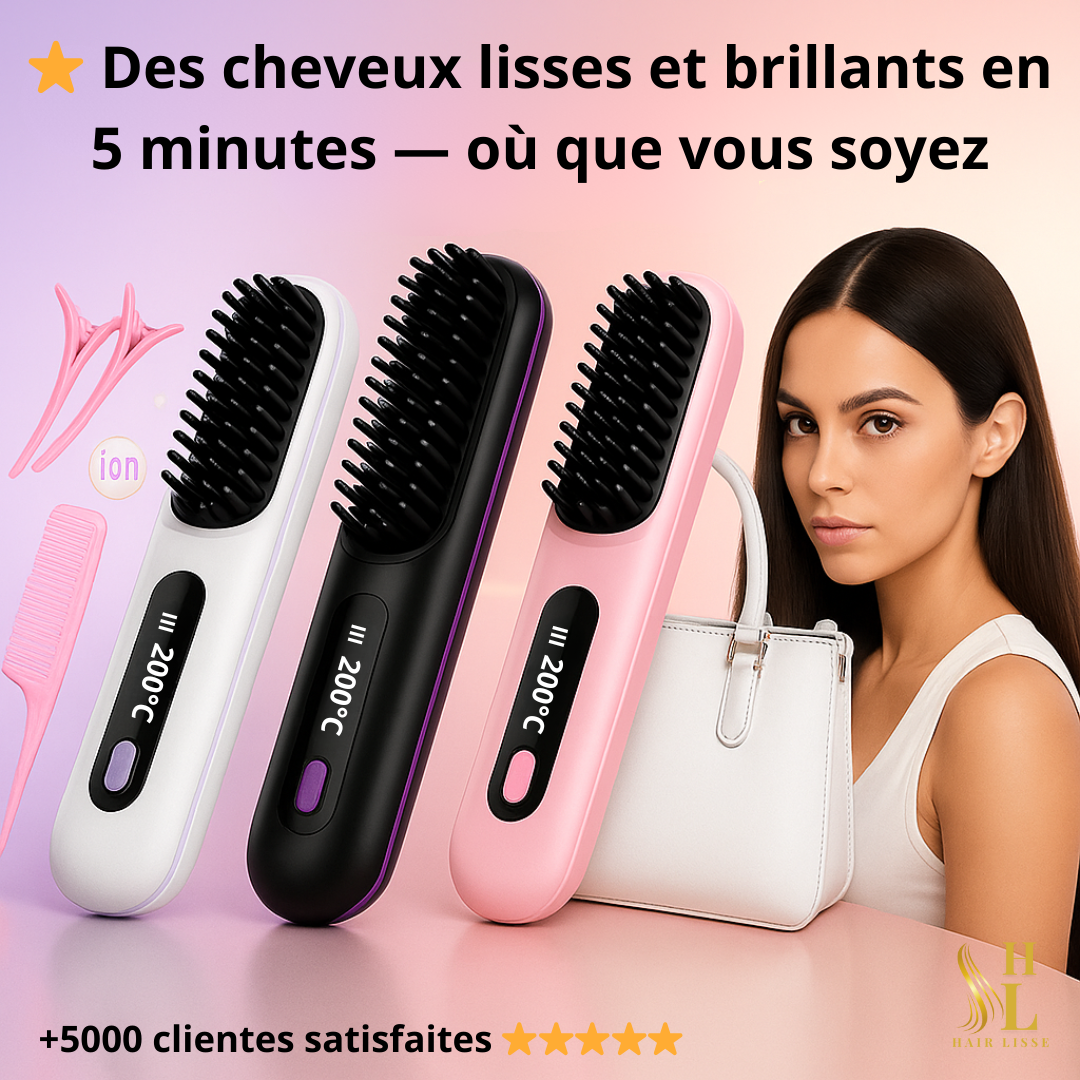 HairLisse — Brosse Lissante Sans Fil à Technologie Ionique (3 niveaux de chaleur)