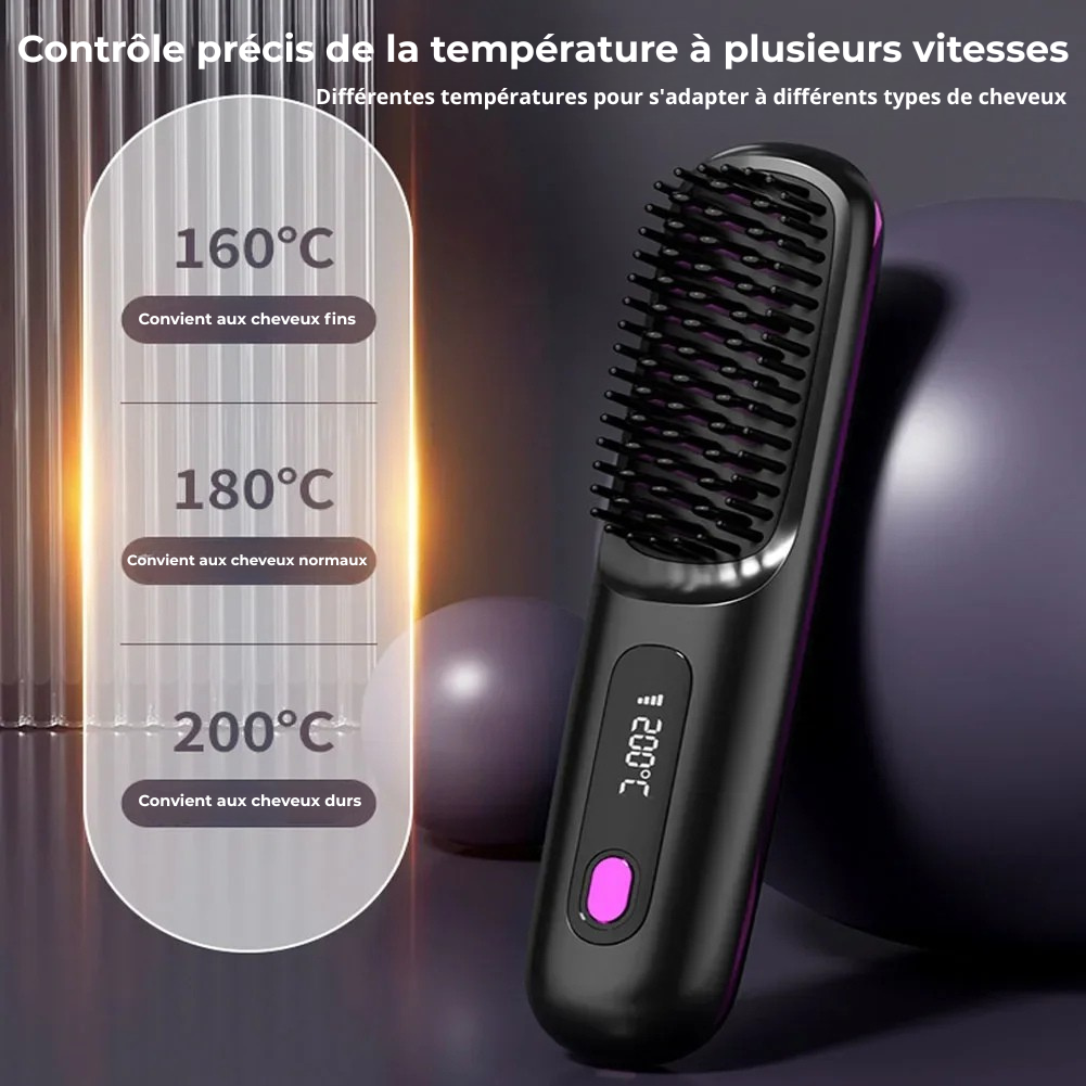 Peigne Lissant Électrique Sans Fil – Brosse Chauffante Céramique à Ions Négatifs avec Écran LCD, Rechargeable par USB
