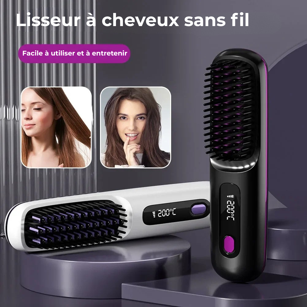 Peigne Lissant Électrique Sans Fil – Brosse Chauffante Céramique à Ions Négatifs avec Écran LCD, Rechargeable par USB